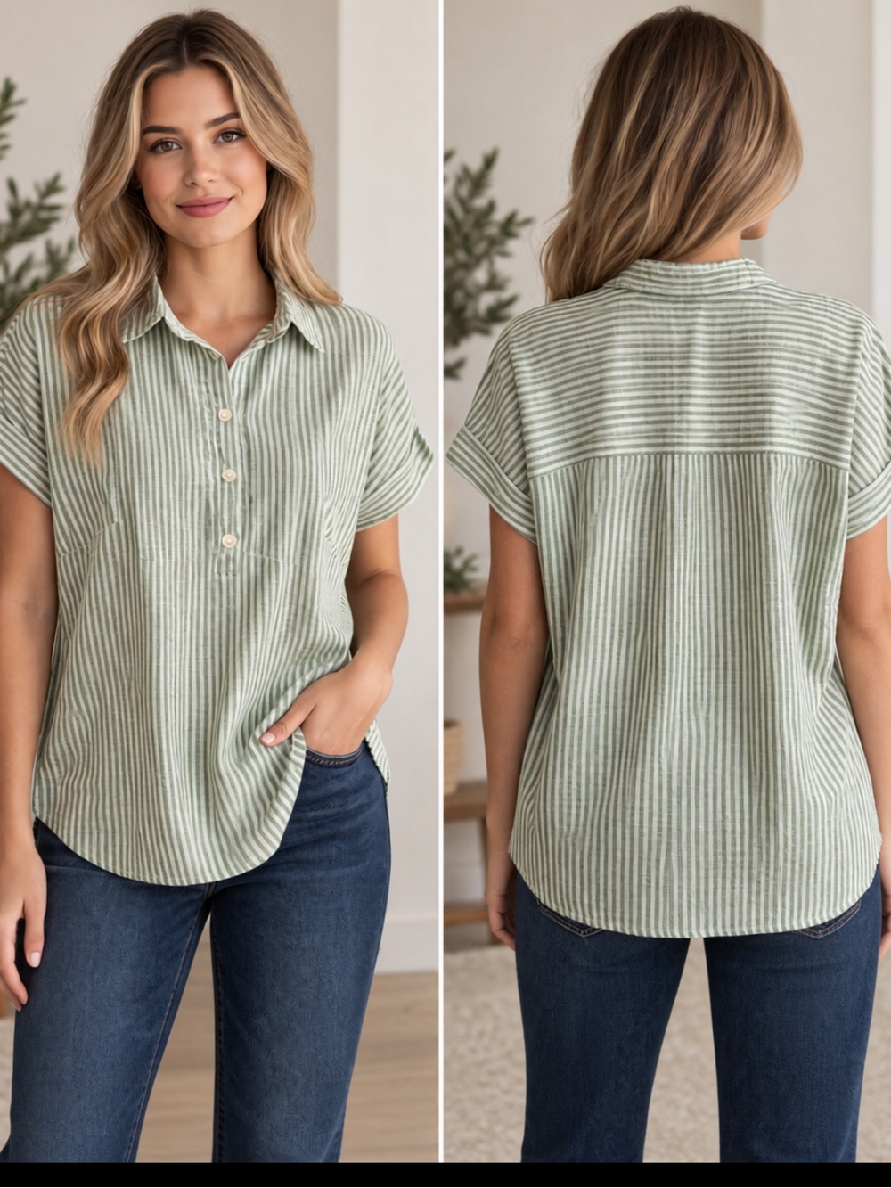Chaps Green Striped Blouse